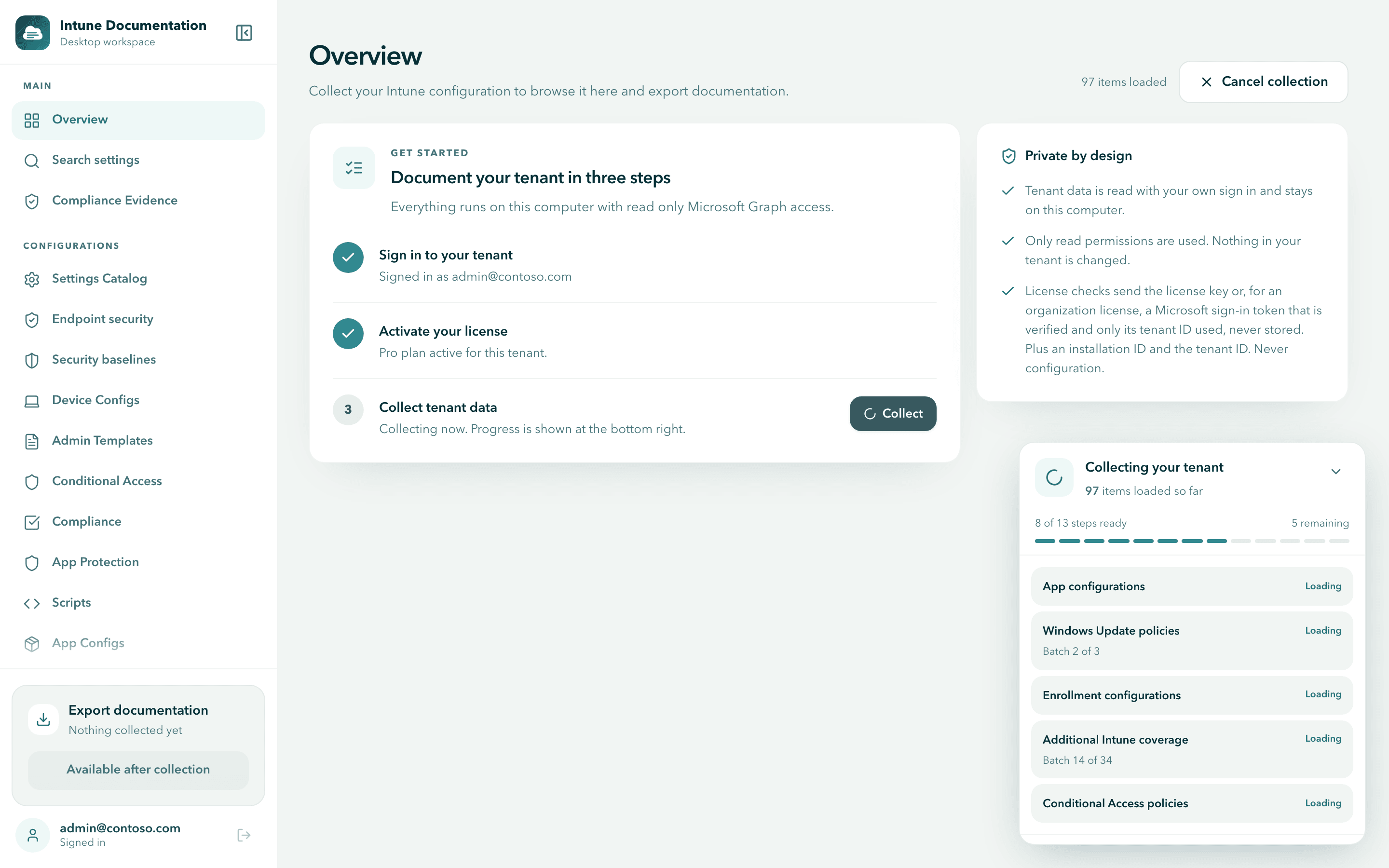 A running collection: the progress card Collecting your tenant with 8 of 13 steps ready and the categories still loading, and Cancel collection at the top right