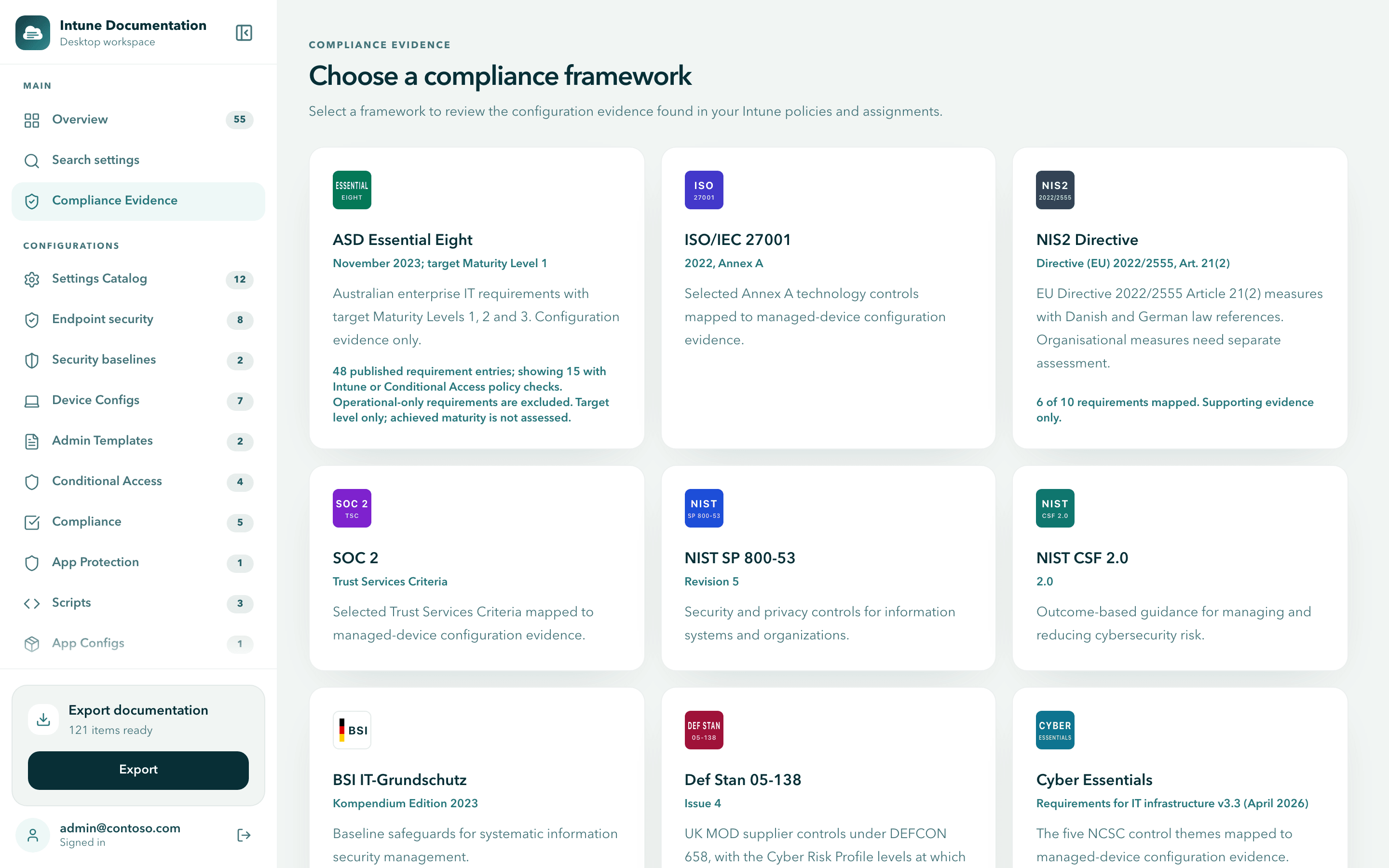 The Choose a compliance framework screen with cards for ASD Essential Eight, ISO/IEC 27001, NIS2 Directive, SOC 2, NIST SP 800-53, NIST CSF 2.0, BSI IT-Grundschutz, Def Stan 05-138 and Cyber Essentials. The two NIST SP 800-171 cards are further down the screen