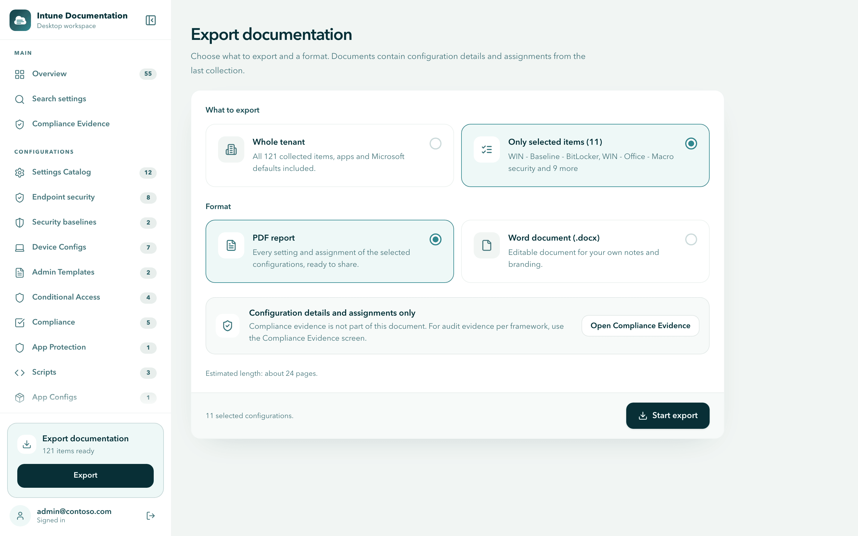 The Export documentation screen with What to export set to Only selected items (11), the PDF report format selected, an estimated length of about 24 pages and the Start export button