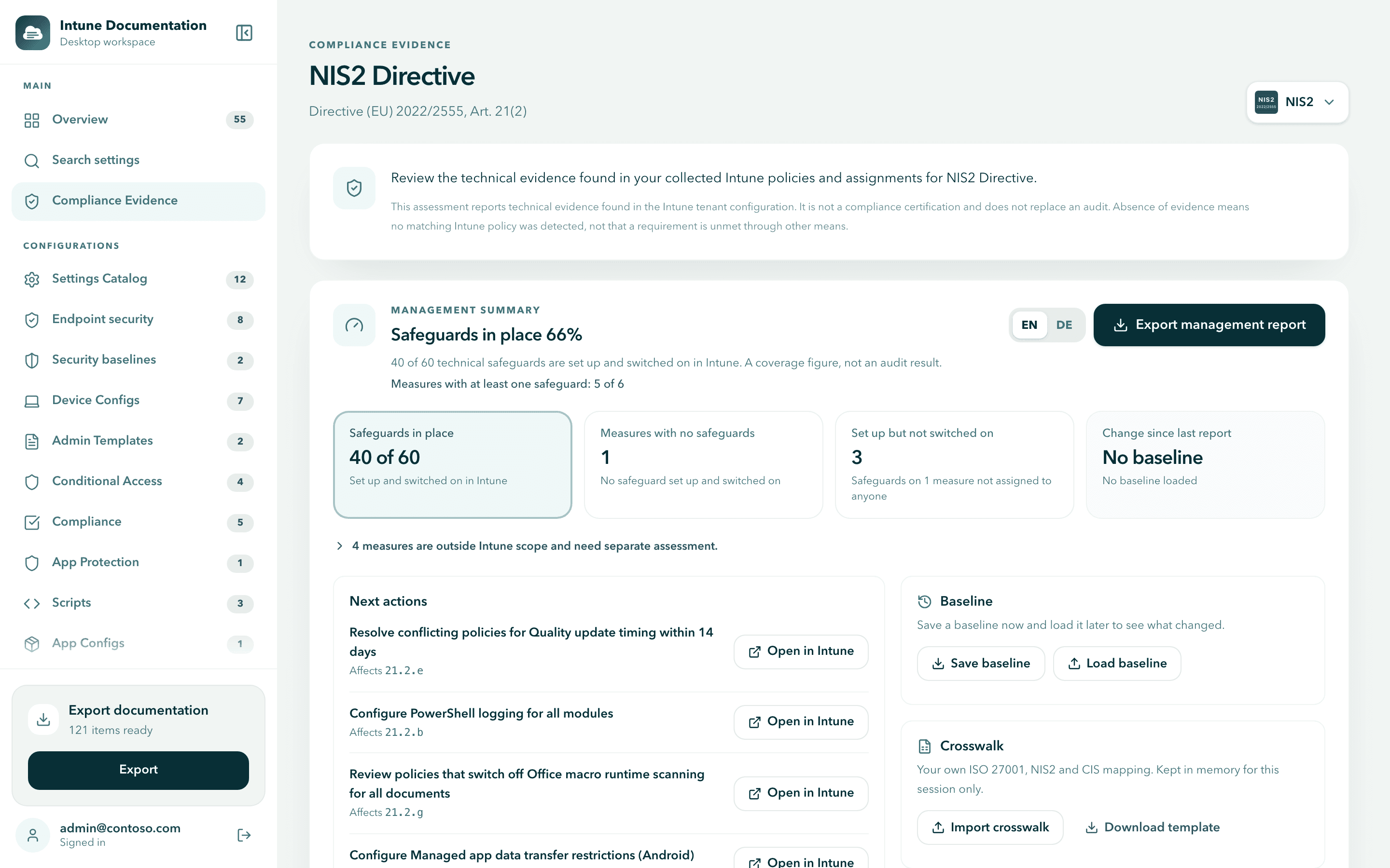 The NIS2 Directive management summary: Safeguards in place 66%, 40 of 60 safeguards, 1 measure with no safeguards, 3 set up but not switched on, no baseline loaded, the EN and DE switch, Export management report, Next actions, and the Baseline and Crosswalk cards