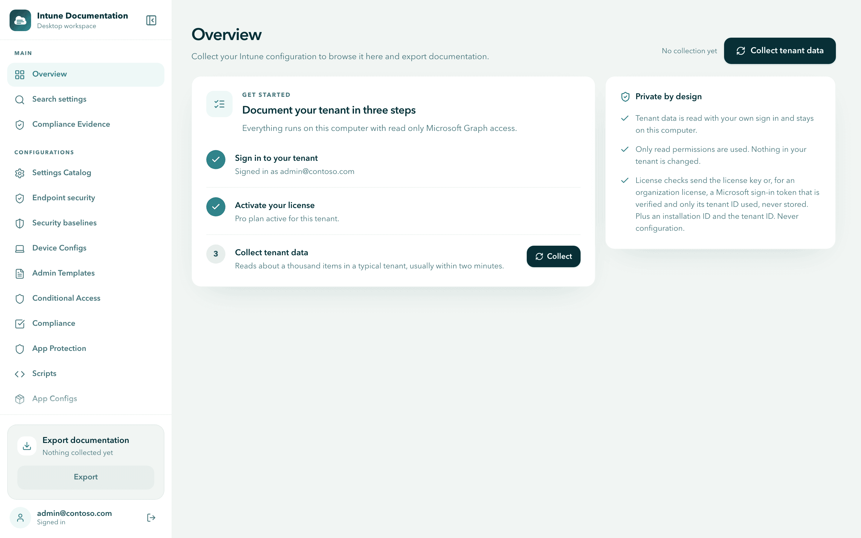 The Overview before the first collection, with the three steps Sign in to your tenant, Activate your license and Collect tenant data, and the Collect tenant data button at the top right