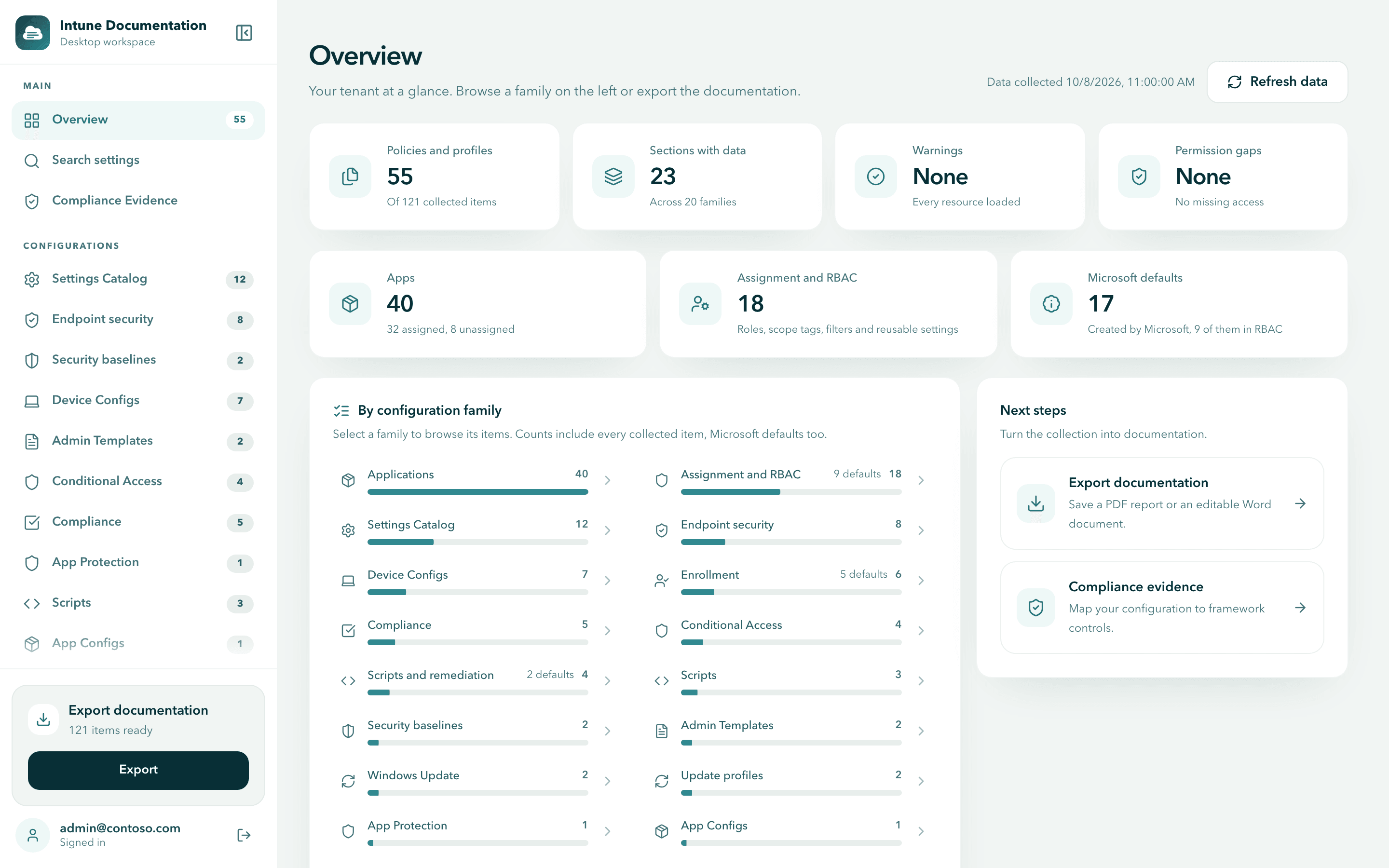 The desktop app overview after a collection, with counts for policies and profiles, apps, assignment and RBAC, and Microsoft defaults