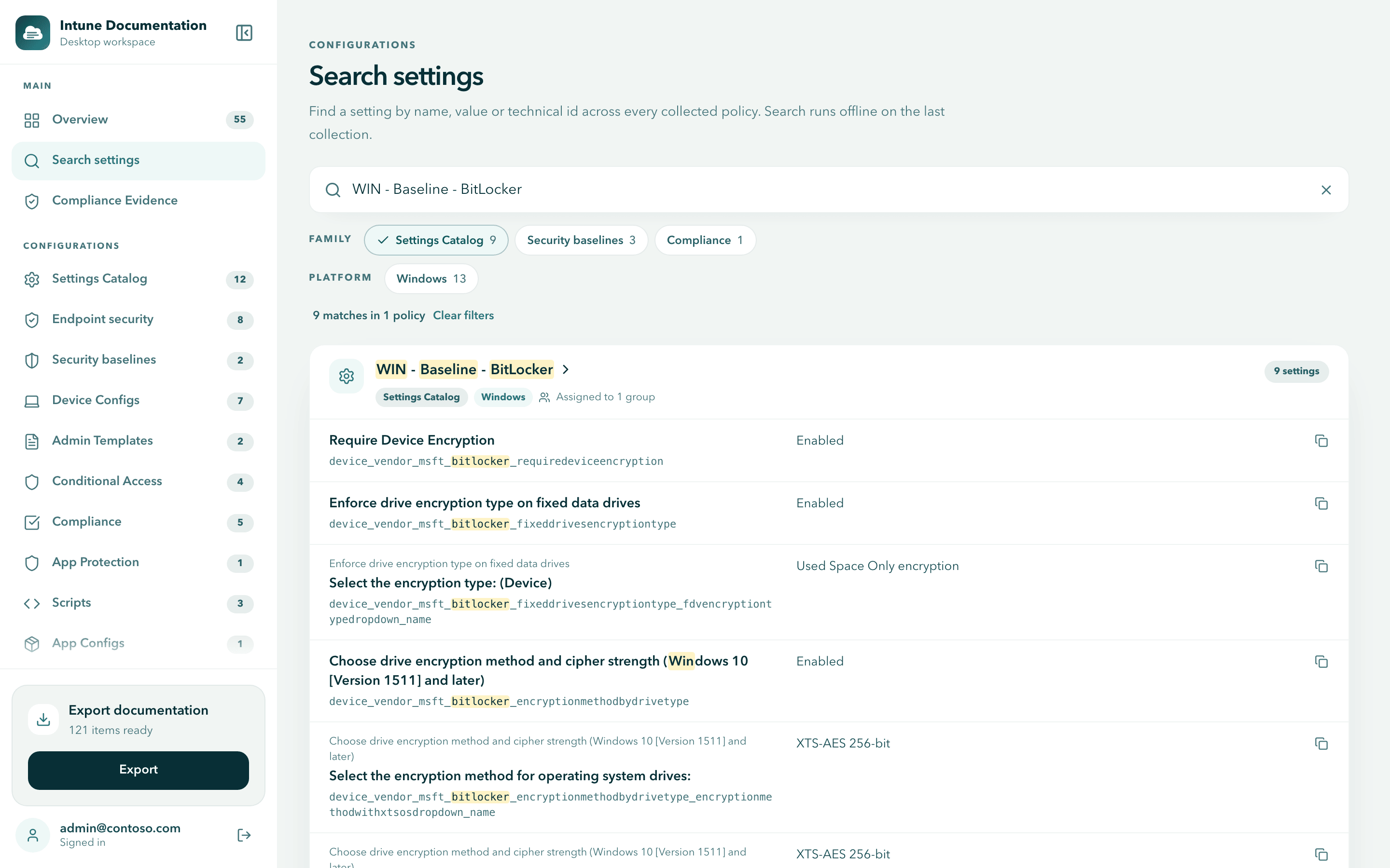 Search settings with a BitLocker baseline policy name as the query and the Settings Catalog filter selected: 9 matches in 1 policy, showing Require Device Encryption Enabled and XTS-AES 256-bit values
