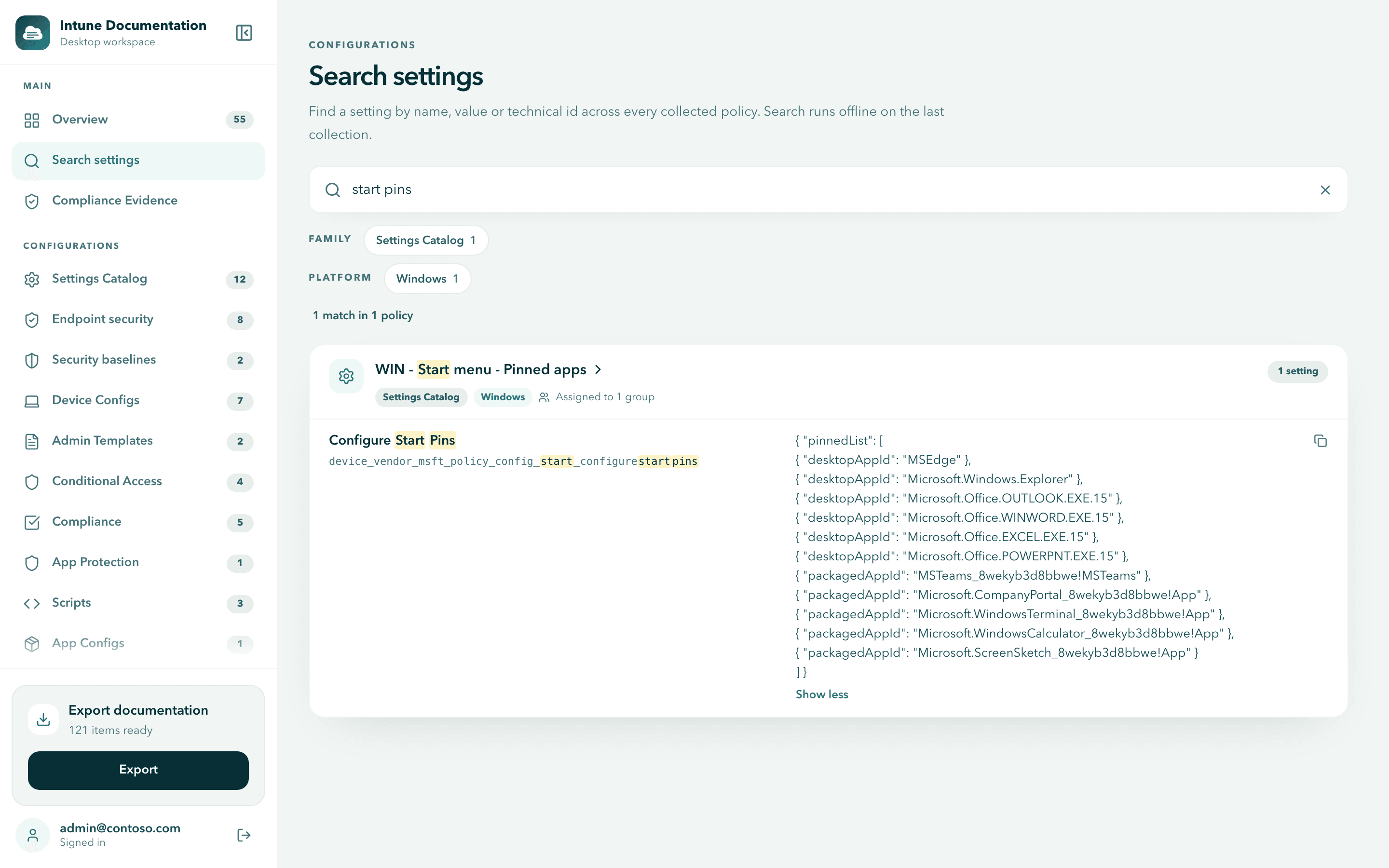 Search for start pins showing the Configure Start Pins setting with its full JSON value expanded and a Show less link