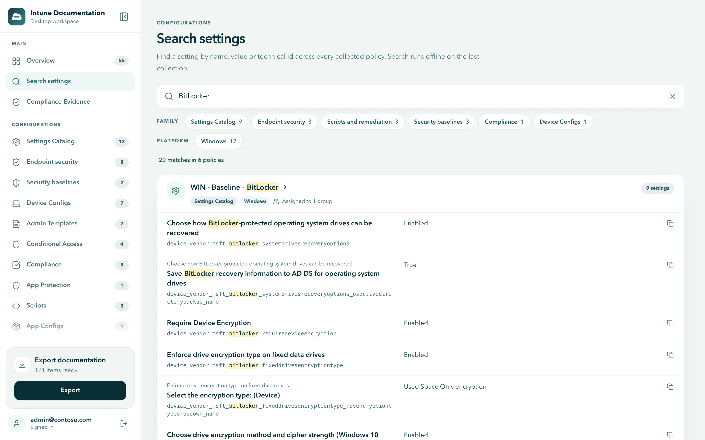 Search settings with the query BitLocker: 20 matches in 6 policies, Family and Platform filters, and a result card listing the BitLocker settings of one policy with their values