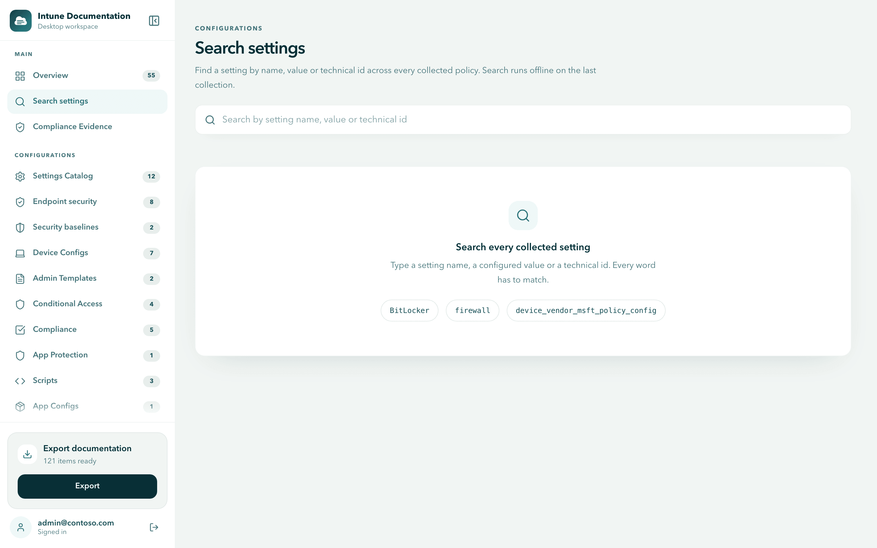 The empty Search settings page with the heading Search every collected setting and three example searches: BitLocker, firewall and device_vendor_msft_policy_config