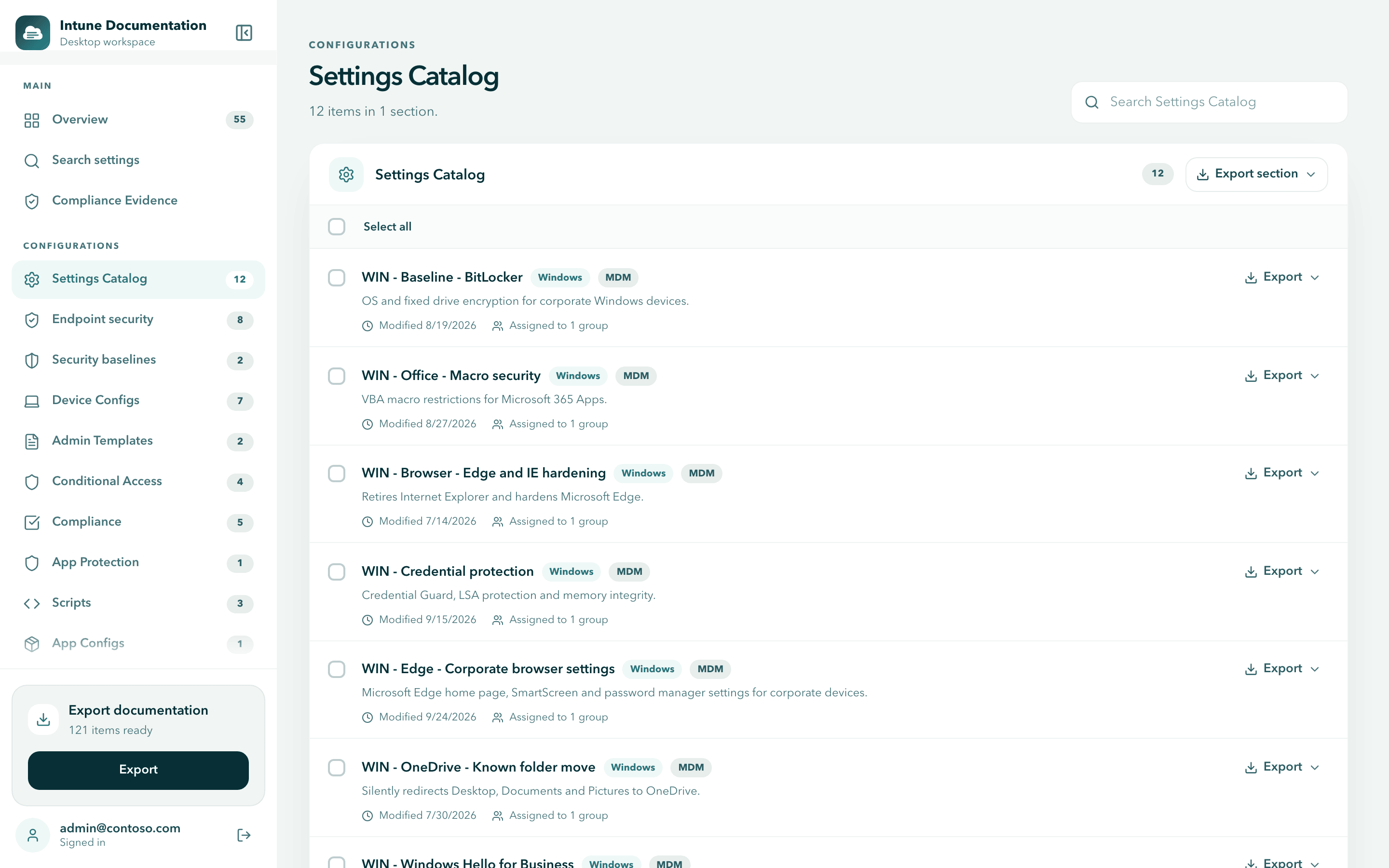 The Settings Catalog family with 12 items in 1 section, a search field, Export section, Select all and policy rows with Windows and MDM badges, description, modified date and Assigned to 1 group