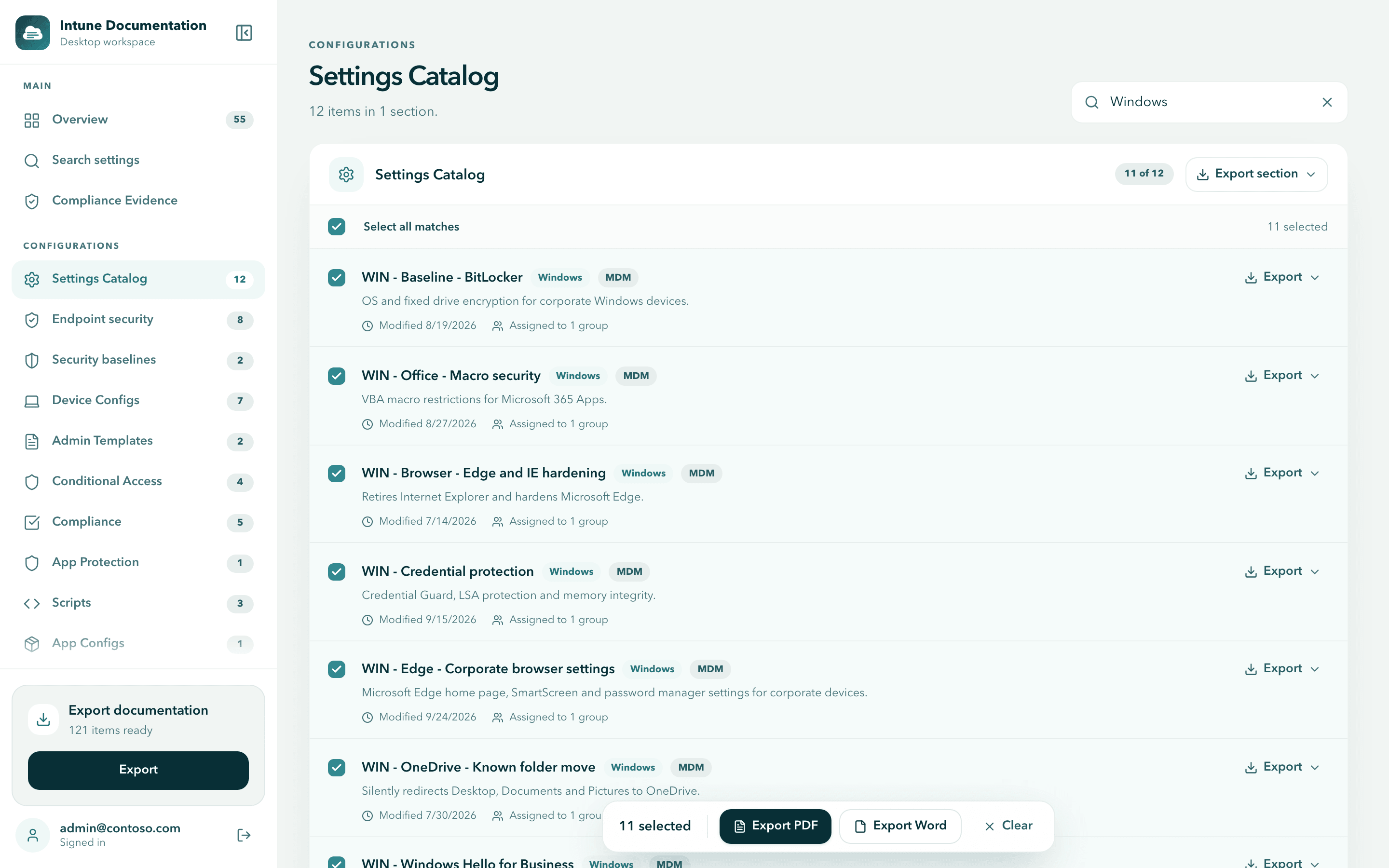 Settings Catalog searched for Windows: 11 of 12 policies match, Select all matches is checked, 11 selected, and the selection bar offers Export PDF, Export Word and Clear