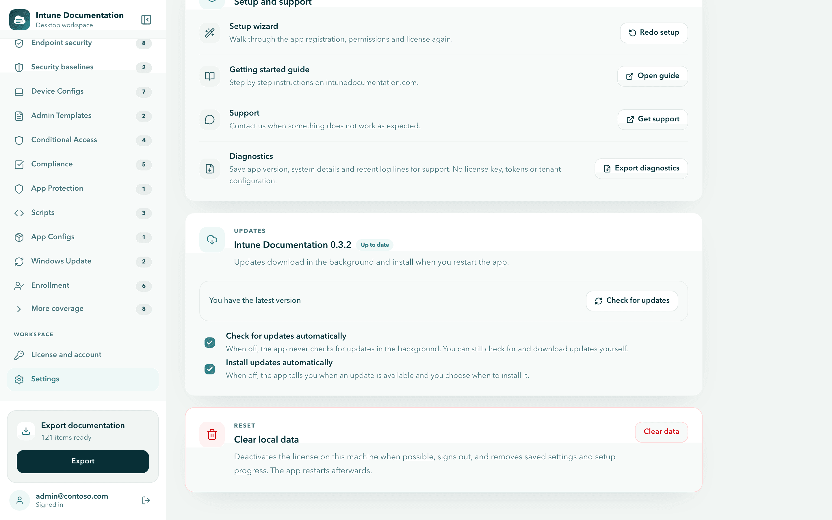 The Settings screen scrolled down: Setup and support with Redo setup, Open guide, Get support and Export diagnostics, Updates with version 0.3.2 Up to date, Check for updates and the two automatic update checkboxes, and Clear local data