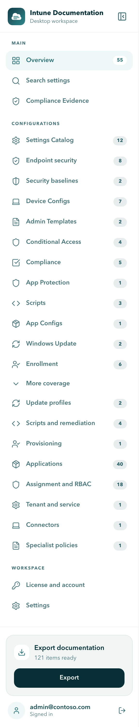 The full sidebar with Main, Configurations with item counts, More coverage expanded, Workspace, the Export documentation card and the signed in account