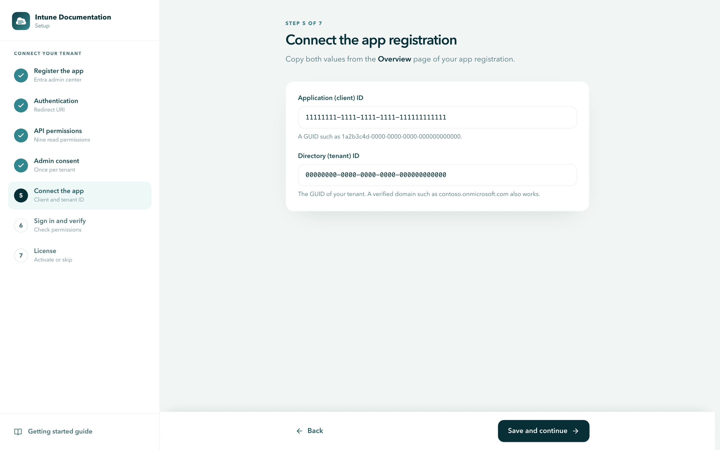 The Connect the app registration step of the setup wizard, with the Application (client) ID and Directory (tenant) ID fields filled in