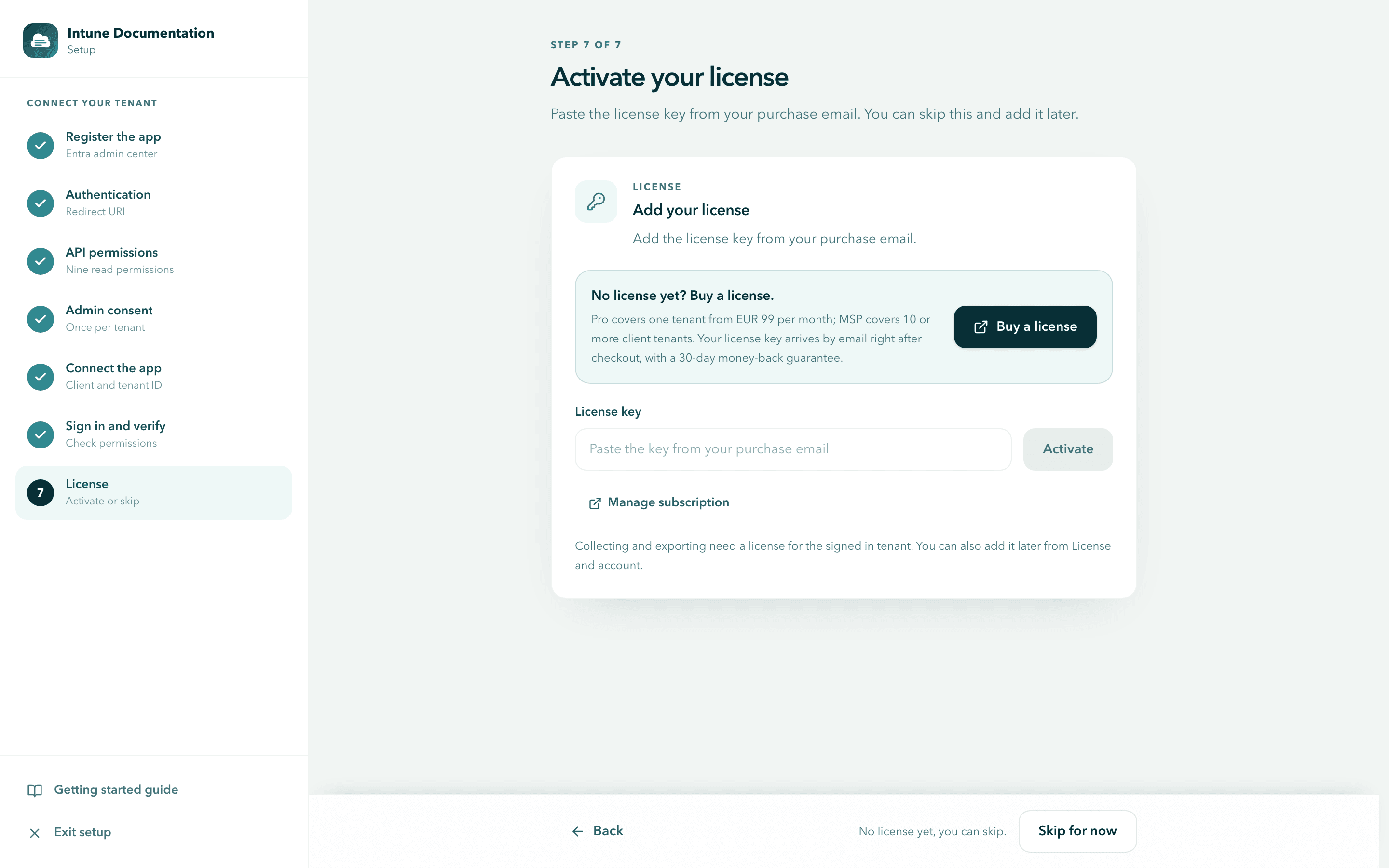The Activate your license step with the License key field, the Activate button, Buy a license and Skip for now
