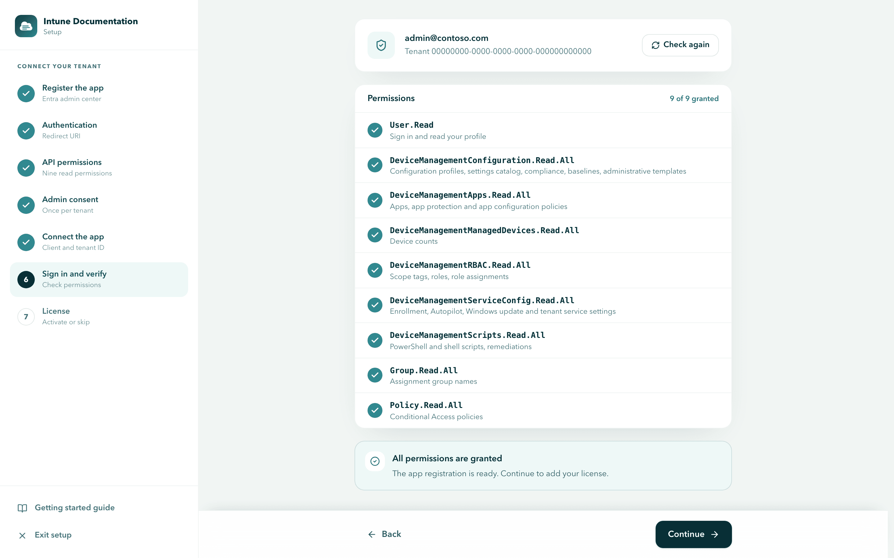 The Sign in and verify step after sign in, with nine permissions listed, 9 of 9 granted, and the message All permissions are granted