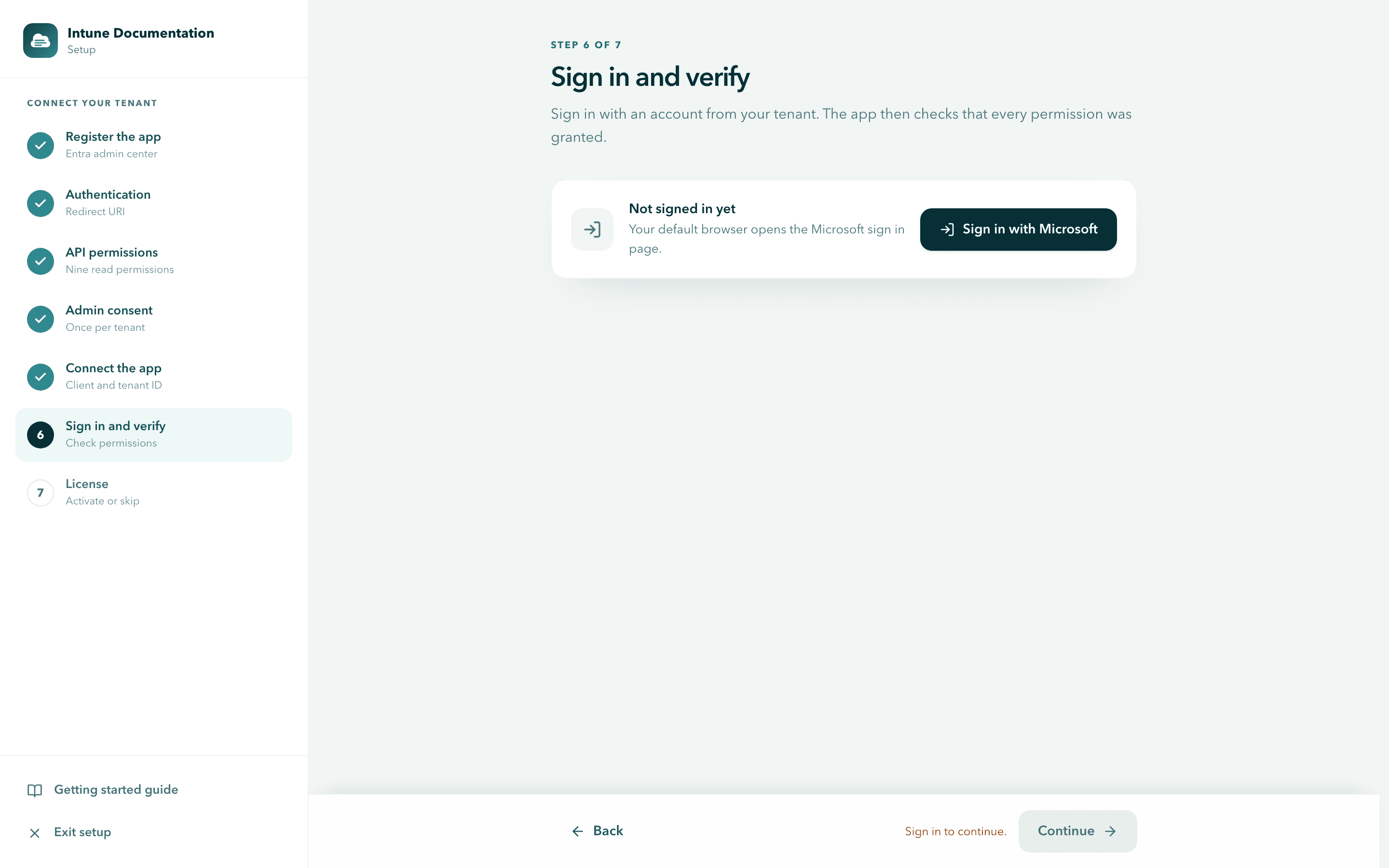 The Sign in and verify step before sign in, showing Not signed in yet and the Sign in with Microsoft button