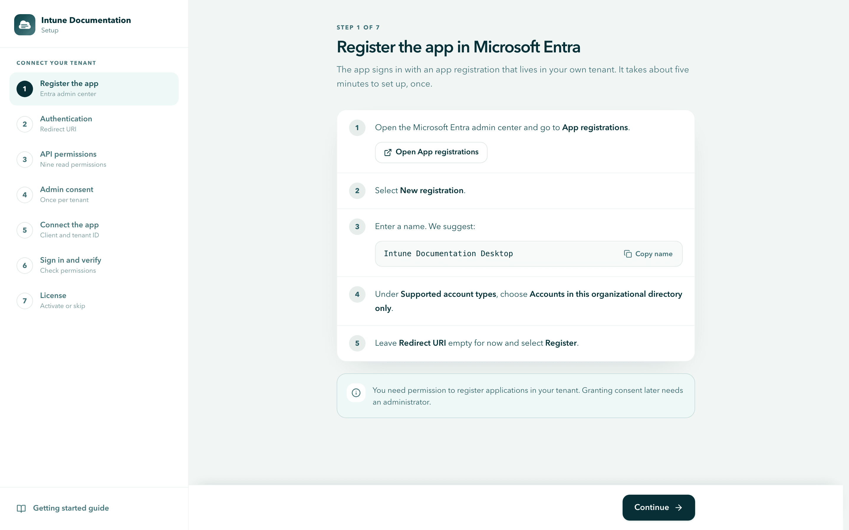 The first step of the setup wizard, Register the app in Microsoft Entra, with the list of all seven steps on the left