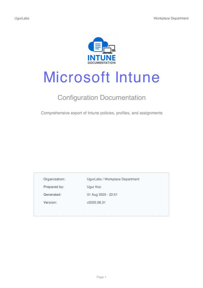 Cover page of a sample Intune configuration report with the organization, author, generation date and version